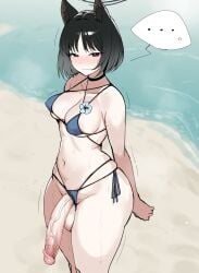 ... absurdres animal_ear_fluff animal_ears balls bikini bikini_bottom_aside black_eyes black_hair black_halo blue_archive blue_bikini blush breasts cat_ears closed_mouth clothing_aside cowboy_shot female flaccid futanari halo highres intersex kikyou_(blue_archive) kikyou_(swimsuit)_(blue_archive) large_penis large_testicles looking_at_viewer medium_breasts navel penis short_hair side-tie_bikini_bottom skindentation solo spoken_ellipsis swimsuit testicles uncensored veins veiny_penis xipa