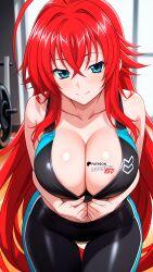 ai_generated barefoot blue_eyes boosterred99 full_body fully_clothed gym high_school_dxd illustrious_(stable_diffusion) large_breasts navel pants pony_diffusion_xl pulling_clothing red_hair rias_gremory seductive_smile thighs yoga_mat yoga_pants yoga_pose