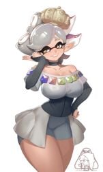 1girls artist_logo breasts choker crown female grand_festival_(splatfest) inkling inkling_girl large_breasts little_blood marie_(grand_festival) marie_(splatoon) nintendo short_hair shorts simple_background solo solo_female solo_focus splatfest splatoon splatoon_3 tentacle_hair thick_thighs thighs white_background