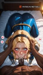 1boy :>= abs ai_generated all_fours armor ass bed bed_sheet black_hairband blonde_hair blue_bodysuit blue_eyes blush bodysuit breasts censored clothed_female_nude_male cum cum_in_mouth cum_overflow dark-skinned_male dark_skin earrings ejaculation facial fellatio female from_above gloves hairband hands_on_another's_head head_grab heart indoors interracial irrumatio jewelry large_penis league_of_legends league_of_legends:_wild_rift long_hair looking_at_viewer looking_up lux lux_(league_of_legends) lux_legue_of_legends luxanna_crownguard meitabuu mosaic_censoring muscular muscular_male nude on_bed oral penis pov pov_crotch riot_games rolling_eyes solo_focus spoken_heart straight sweat trembling twitching_penis uncensored veins veiny_penis very_dark_skin white_gloves