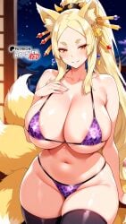 ai_generated areola_slip bedroom bikini bikini_top black_stockings blonde_hair boosterred99 breasts cleavage coat covered_nipples earrings female hair_ornament high_school_dxd huge_breasts indoors leopard_print leopard_print_bikini naughty_face seductive_smile smile stockings thick_thighs thighs thong_bikinir yasaka_(high_school_dxd)