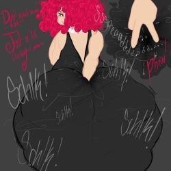 1girls ass big_penis black_dress butt_digging curly_hair digging_up_in_they_ass dress english_text female fingers glitch_productions huge_ass itching large_ass moan moaning no_background ragatha_(the_amazing_digital_circus) red_hair scratching sound_effects talking text the_amazing_digital_circus toxundercover wet