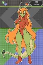 2:3 absurd_res anthro black_border border clothing female flat_chested footwear freepancakes freya_agalith generation_9_pokemon genitals goo_hair green_body hair hi_res horn hydrapple long_hair nintendo nipples open_mouth open_smile orange_hair pinup pokemon pokemon_(species) pose pseudo_clothing pseudo_hair pussy red_body slime smile solo tail vulva