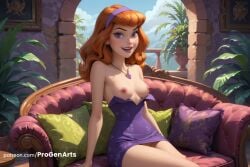 1girls ai_generated artist_name bare_shoulders breasts cartoon_network clothes_pull couch daphne_blake day dress dress_pull female freckles ginger ginger_hair hairband hanna-barbera hi_res indoors jewelry lips long_hair looking_at_viewer makeup medium_breasts necklace nipples no_bra no_panties on_couch open_mouth orange_hair pillow plant potted_plant progenarts purple_dress purple_eyes purple_hairband pussy scooby-doo short_dress sitting small_breasts smile solo strapless strapless_dress teeth warner_brothers