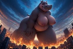 ai_art ai_generated artifical_art bbw dreamworks giantess gloria_the_hippopotamus high-angle_view macro madagascar_(series) perchance_ai towering