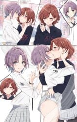 ahoge asakura_toru ass bare_legs bare_thighs blue_eyes blush bracelet breasts brown_hair closed_eyes closed_mouth ear_piercing earrings french_kiss hairpin hand_on_another's_cheek hand_on_another's_face hand_on_another's_neck higuchi_madoka hug idolmaster idolmaster_shiny_colors kissing licking_own_lips long_sleeves medium_breasts mole mole_under_eye multicolored_hair panties pantyhose parted_lips pout purple_eyes purple_hair saint_laurent_paris school_uniform short_hair skirt smile sweatdrop thighs tongue tongue_out twirling_hair underwear white_panties yuri
