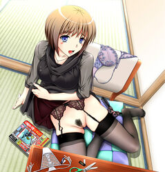 blue_eyes brown_hair female garter_belt hiyoko_daiou magazine no_panties open_mouth pointy_chin pubic_hair pussy sitting skirt_lift solo thighhighs uncensored