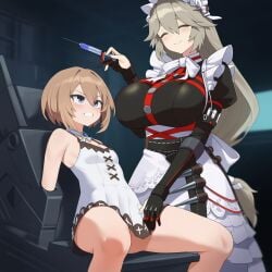 2girls alexandrina_sebastiane assertive_female blanc blanc_(neptunia) blue_eyes blush breasts choujigen_game_neptune closed_eyes curvy dress fingerless_gloves gloves grin injection large_breasts long_hair maid mature_female multiple_girls neptunia_(series) petite restrained short_hair sitting smile zenless_zone_zero