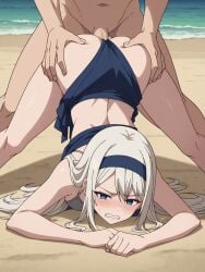 ai_generated ass ass_focus ass_grab beach big_ass bikini blue_eyes breasts doggy_style faceless_male group_sex kaguya-sama_wa_kokurasetai_~tensai-tachi_no_renai_zunousen~ large_ass long_hair pussy ranwai2025x shirogane_kei vaginal_penetration white_hair