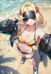 1girls ai_generated bikini blonde_hair cleavage eyes_covered jacket raaicave selfie smile swimsuit tagme trigger_(zenless_zone_zero) zenless_zone_zero