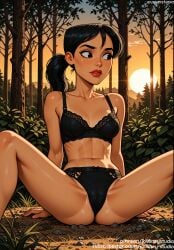 abs ai_generated bangs bare_shoulders black_bra black_clothes black_eyes black_hair black_panties black_underwear blush bra breasts clothing collarbone dark-skinned_female dark_skin day disventure_camp female female_only forest grass jousneystudio kristal_(disventure_camp) legs lips long_hair looking_to_the_side medium_breasts midriff nature navel odd_nation_cartoons original outdoors panties pantsu parted_lips plant ponytail shorts sitting sky small_breasts solo spread_legs sun sunset tanlines thighs toned tree underwear underwear_only