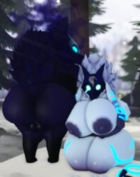 3d_(artwork) anthro areola ass backsack balls big_balls big_breasts big_butt blue_eyes bovid breasts canid canine canis caprine digital_media_(artwork) duo evergreen_tree female femboy genitals glowing glowing_eyes hi_res huge_breasts huge_butt kindred_(lol) lamb_(lol) league_of_legends male male/female mammal nipples outside pine_tree plant riot_games sheep snow tail tencent thick_thighs tree wide_hips willie_piv wolf wolf_(lol)
