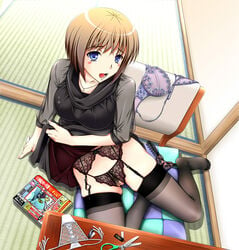 blue_eyes brown_hair crotchless crotchless_panties female garter_belt hiyoko_daiou magazine open_mouth panties pointy_chin pubic_hair pussy sitting skirt_lift solo thighhighs thong uncensored