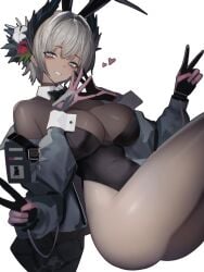 arknights bunny_ears bunnysuit fake_animal_ears female flower_in_hair raidian_(arknights) robot_arm thighs vxdrq