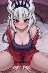ai_assisted artist_request bed bedroom big_breasts blush cleavage cowgirl_position demon_girl fanart helltaker horns kneeling lucifer_(helltaker) red_eyes riding sitting smirk solo_female sweater white_hair