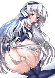 ass blue_eyes blush bottomless censored cum cum_on_ass cumdrip highres horizon_ariadust huge_ass kyoukaisenjou_no_horizon long_hair no_legwear pussy silver_hair solo suzume_inui thick_thighs thighhighs thighs very_long_hair wide_hips