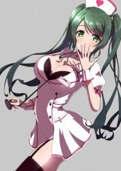 1girls big_breasts blush bra breasts d4dj erect_nipples erection green_eyes green_hair hiraken japanese_text lingerie name_tag nurse nurse_cap nurse_uniform shimizu_esora stethoscope stockings text twintails