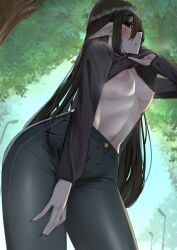 bare_breasts breasts female jeans layna_lazar lifting_shirt no_bra park public virtual_youtuber