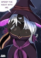 1girls big_breasts bigdeadalive breasts cleavage dress elden_ring elden_ring_nightreign english english_text female female_only hair hair_over_one_eye half-closed_eyes hat headwear huge_breasts long_hair purple_dress recluse_(nightreign) solo solo_female speech_bubble text white_eyes white_hair witch witch_hat
