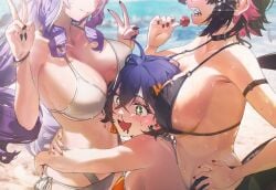 +_+ 3girls ai_generated arm_strap armpits bangs beach belle_(zenless_zone_zero) between_breasts bikini black_bikini black_choker black_hair black_nails blood blurry blurry_background blush bracelet breast_press breasts candy choker collarbone colored_inner_hair crossed_bangs double_v drill_hair drill_locks drooling earrings ellen_joe fingernails food girl_sandwich green_eyes hand_on_own_hip head_between_breasts highres holding holding_candy holding_food holding_lollipop hug jewelry large_breasts lollipop long_hair mole mole_under_eye multicolored_hair multiple_girls nail_polish nosebleed ocean open_mouth outdoors pink_hair purple_hair red_nails saliva sandwiched shark_girl sharp_teeth short_hair smile standing string_bikini swimsuit tail teeth two-tone_hair v vivian_(zenless_zone_zero) white_bikini yuri zenless_zone_zero