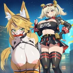 1girls 2girls animal_ears areolae bangs blonde_hair blush breasts bsdm burnice_white collar female fur_trim furry_female gag gloves green_eyes grin hand_on_hip hanging_breasts huge_breasts large_breasts leash long_hair looking_at_viewer night nipples petplay pulchra_fellini racerai sky smile starry_sky tail thighhighs tongue twintails zenless_zone_zero