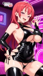 ai_generated areola_slip black_thighhighs bodycon bodysuit boosterred99 bridal_gauntlets collar fellatio fellatio_gesture illustrious_(stable_diffusion) large_breasts latex latex_clothing latex_gloves long_hair naughty_face night nightclub pony_diffusion_xl purple_eyes red_hair side-tie_bikini sideboob skirt_lift stable_diffusion thick_thighs thighs thong tongue_out