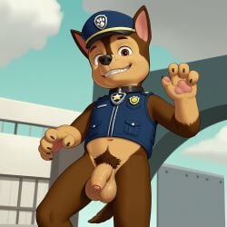 1boy ai_generated animal_ears blue_headwear blue_sky bottomless brown_eyes brown_fur chase_(paw_patrol) collar day dog_boy dog_ears dog_tail flaccid foreskin furry furry_male grin hat looking_at_viewer luxeraora10 male_focus male_pubic_hair navel outdoors paw_patrol pawpads penis police police_hat police_uniform pubic_hair sky sleeveless smile solo standing tail teeth testicles uncensored uniform veiny_penis vest