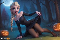 1girls ai_generated artist_name bare_shoulders black_dress black_pantyhose blonde_hair blue_eyes braid breasts candy cleavage clothes_lift disney disney_princess dress dress_lift elsa_(frozen) female forest frozen frozen_(film) frozen_2 full_moon grass halloween hi_res jack-o'-lantern long_hair looking_at_viewer makeup medium_breasts moon nail_polish nature night off-shoulder_dress off_shoulder open_mouth outdoors pantyhose pink_nails pumpkin rule34lab single_braid solo tongue tongue_out tree