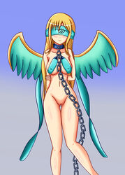 1girls angel angel_(megami_tensei) aveve blindfold blonde_hair bondage bottomless breasts chained chains collar erect_nipples female female_only femsub leash metal_collar pussy shin_megami_tensei solo uncensored wings