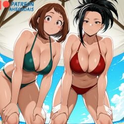 2d 2d_(artwork) 2d_artwork 2girls ahegao_ai ai_generated bikini bikini_bottom bikini_top boku_no_hero_academia clothing female female_focus female_only momo_yaoyorozu my_hero_academia ochako_uraraka patreon patreon_link patreon_logo patreon_url patreon_username sexy sexy_body sexy_pose watermark