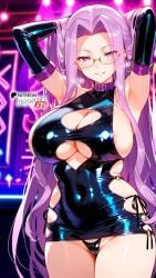 ai_generated areola_slip black_thighhighs bodycon bodysuit boosterred99 bridal_gauntlets collar fate/grand_order fate_(series) glasses illustrious_(stable_diffusion) large_breasts latex latex_clothing latex_gloves long_hair medusa_(fate) medusa_(rider)_(fate) naughty_face night nightclub pony_diffusion_xl purple_eyes purple_hair side-tie_bikini sideboob stable_diffusion thick_thighs thighs thong