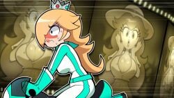 2girls big_breasts blush cleavage film_reel mario_(series) mario_kart mario_kart_world nintendo princess_peach princess_rosalina scott_falco sweat tagme tight_clothing
