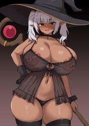 1girls areolae big_breasts big_thighs breasts busty curvy dark-skinned_female dark_elf dark_skin elf elf_ears elf_female elf_girl female gigantic_breasts huge_breasts huge_thighs large_breasts large_thighs massive_breasts navel nipples thick_thighs thighs twintails voluptuous white_hair witch witch_hat yamaori