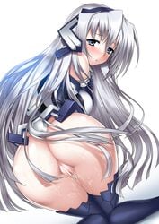 ass blue_eyes blush bottomless censored highres horizon_ariadust kyoukaisenjou_no_horizon long_hair no_legwear pussy pussy_juice silver_hair solo suzume_inui very_long_hair