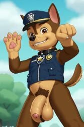 1boy ai_generated animal_ears anthro balls big_balls blue_headwear blue_sky bottomless brown_eyes brown_fur canid canine canis chase_(paw_patrol) collar day domestic_dog flaccid foreskin furry furry_male grin hat looking_at_viewer luxeraora10 male male_focus male_pubic_hair navel outdoors paw_patrol pawpads penis police police_hat police_uniform pubic_hair sky sleeveless smile solo standing tail teeth testicles uncensored uncircumcised uniform veiny_penis vest