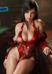 1girls 2025 3d bar bar_stool big_breasts billyhhyb black_hair cheongsam chinese_dress cleavage covered_nipples detailed_background eyeliner female female_only final_fantasy final_fantasy_vii final_fantasy_vii_remake front_view indoors leaning_on_elbow legs_together light_makeup lipstick long_hair looking_at_viewer no_panties no_panties_under_dress nopan plump_breasts red_eyes sitting sitting_on_stool smile solo tifa_lockhart very_long_hair
