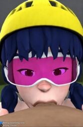 1boy 1girls 3d ai ai_generated blue_hair bluesky_username brawl_stars close-up close_up dark-skinned_male dark_skin deepthroat fellatio female helmet_with_visor jacky_(brawl_stars) light-skinned_female light_skin male perry_cracker purple_visor tinted_eyewear twintails twitter_link twitter_username watermark yellow_helmet