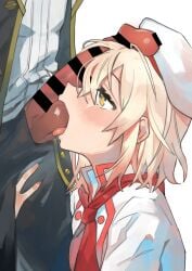 1boy absurdres alice_(egocentric_patissiere)_(tales) alice_(tales) bar_censor blonde_hair blush censored commission female grabbing_another's_thighs hat highres mogamiya_honu official_alternate_costume oral pants penis penis_on_face regal_bryan short_hair straight tales_of_(series) tales_of_symphonia tales_of_symphonia_knight_of_ratatosk tales_of_the_rays testicle_sucking tongue tongue_out white_background yellow_eyes