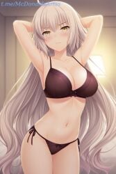 1female 1girls ahoge ai_generated armpits arms_behind_head arms_up bare_shoulders black_bra black_panties blush bow bow_bra bow_panties bra breasts cleavage closed_mouth collarbone commentary_request cowboy_shot fate/grand_order fate_(series) female female female_focus female_solo frown grey_hair groin hair_between_eyes indoors jeanne_alter jeanne_d'arc_alter_(avenger)_(fate) jeanne_d'arc_alter_(fate) lamp large_breasts long_hair looking_at_viewer navel panties side-tie_panties solo stable_diffusion standing stomach thighs underwear underwear_only v-shaped_eyebrows very_long_hair white_hair yellow_eyes zelanell