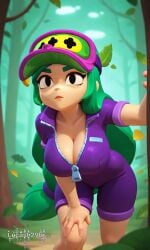 1girls ai_generated alli_(brawl_stars) black_eyes brawl_stars female female_only forest green_hair headwear jungle long_hair no_irises outdoors purple_clothing short_sleeves shorts solo vegetation violet_clothing visor_cap zipper