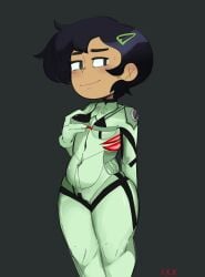 amphibia breasts female hair_ornament holding_breast marcy_wu plugsuit pudgy_belly skin_tight small small_breasts thick_thighs xxxchillipepper_(artist)