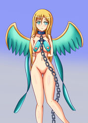 angel aqua_eyes aveve blonde_hair blush bondage bottomless breasts collar erect_nipples female leash looking_at_viewer nippleless_clothes nipples pussy smile solo uncensored wings