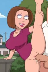 1boy1girl big_breasts brown_hair cum family_guy gretchen_mercer outdoors purple_shirt sex standing_split straight_sex