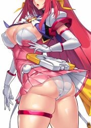 144_(riesztan) :o ass ass_focus blush breasts choukou_(alicesoft) choukou_tenshi_escalayer cleavage dress elbow_gloves escalayer female gloves hair_ribbon head_out_of_frame highres kouenji_sayuka large_breasts long_hair magical_girl open_mouth panties pantyshot pink_dress pink_skirt pleated_skirt puffy_sleeves red_hair ribbon shiny_skin short_dress short_sleeves simple_background skindentation skirt solo standing thick_thighs thigh_strap thighs twisted_torso underwear upskirt white_background white_gloves white_panties
