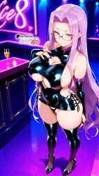ai_generated areola_slip black_thighhighs bodycon bodysuit boosterred99 bridal_gauntlets collar fate/grand_order fate_(series) from_above full_body glasses illustrious_(stable_diffusion) large_breasts latex latex_clothing latex_gloves legs long_hair medusa_(fate) medusa_(rider)_(fate) naughty_face night nightclub pony_diffusion_xl purple_eyes purple_hair side-tie_bikini sideboob stable_diffusion thick_thighs thighs thong