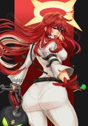 1girls absurdres ass belt black_gloves bodysuit breasts female food gloves green_eyes guilty_gear guilty_gear_strive hair_between_eyes halo highres jack-o'_valentine lips long_hair looking_at_viewer medium_breasts multicolored_hair nightcreepx piercing red_hair smile solo spiked_halo teeth tongue tongue_out tongue_piercing two-tone_hair upper_teeth_only white_bodysuit white_hair