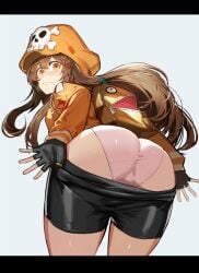 ass ass_focus bike_shorts black_shorts blush brown_eyes brown_hair cameltoe clothes_pull embarrassed female fingerless_gloves from_behind from_below gloves guilty_gear guilty_gear_strive hat highres huge_ass kasei_yukimitsu leaning leaning_forward long_hair looking_at_viewer looking_back may_(guilty_gear) newsboy_cap panties pirate_hat short_shorts shorts shorts_pull skull_and_crossbones solo underwear very_long_hair