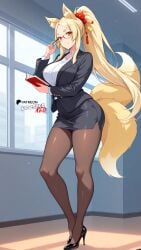 ai_generated blonde_hair boosterred99 fox_ears fox_tail from_side full_body fully_clothed glasses hair_ornament heels high_heels high_school_dxd illustrious_(stable_diffusion) long_hair pantyhose pencil_skirt pony_diffusion_xl school seductive_smile shirt smile teacher teacher_outfit yasaka_(high_school_dxd) yellow_eyes