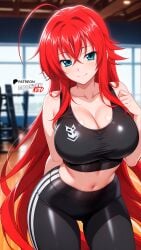 ai_generated blue_eyes boosterred99 gym high_school_dxd illustrious_(stable_diffusion) large_breasts navel pants pony_diffusion_xl red_hair rias_gremory seductive_smile thighs yoga_pants