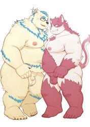 2boys anger_vein animal_ears annoyed bara barefoot bear_boy bear_ears belly belly-to-belly blush bungo_(tamacolle) cat_boy cat_ears cat_tail chinese_commentary claws clenched_teeth commentary_request completely_nude fat flaccid furry furry_male glasses highres hyuuga_(tamacolle) looking_at_another male_focus multiple_boys navel nipples nude open_mouth pawpads penis smile sparkle tail tamacolle teeth testicles wet white_background who_corals